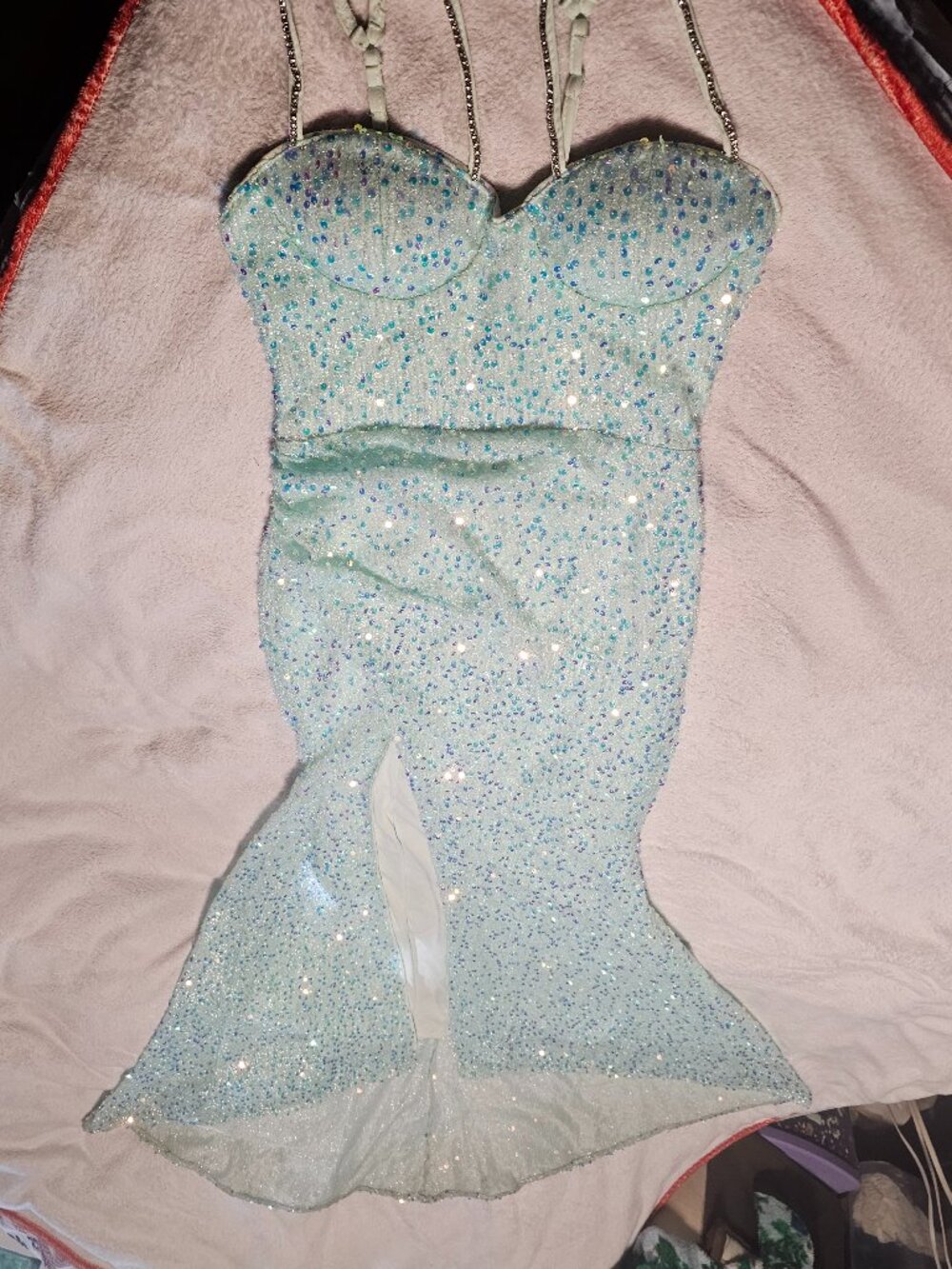 Iridescent Sequin Mermaid Prom Dress Corset Lace Up Rhinestone Straps Train XS S